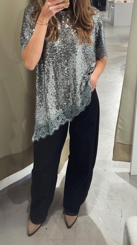 Pailetten T-Shirt mit Spitze